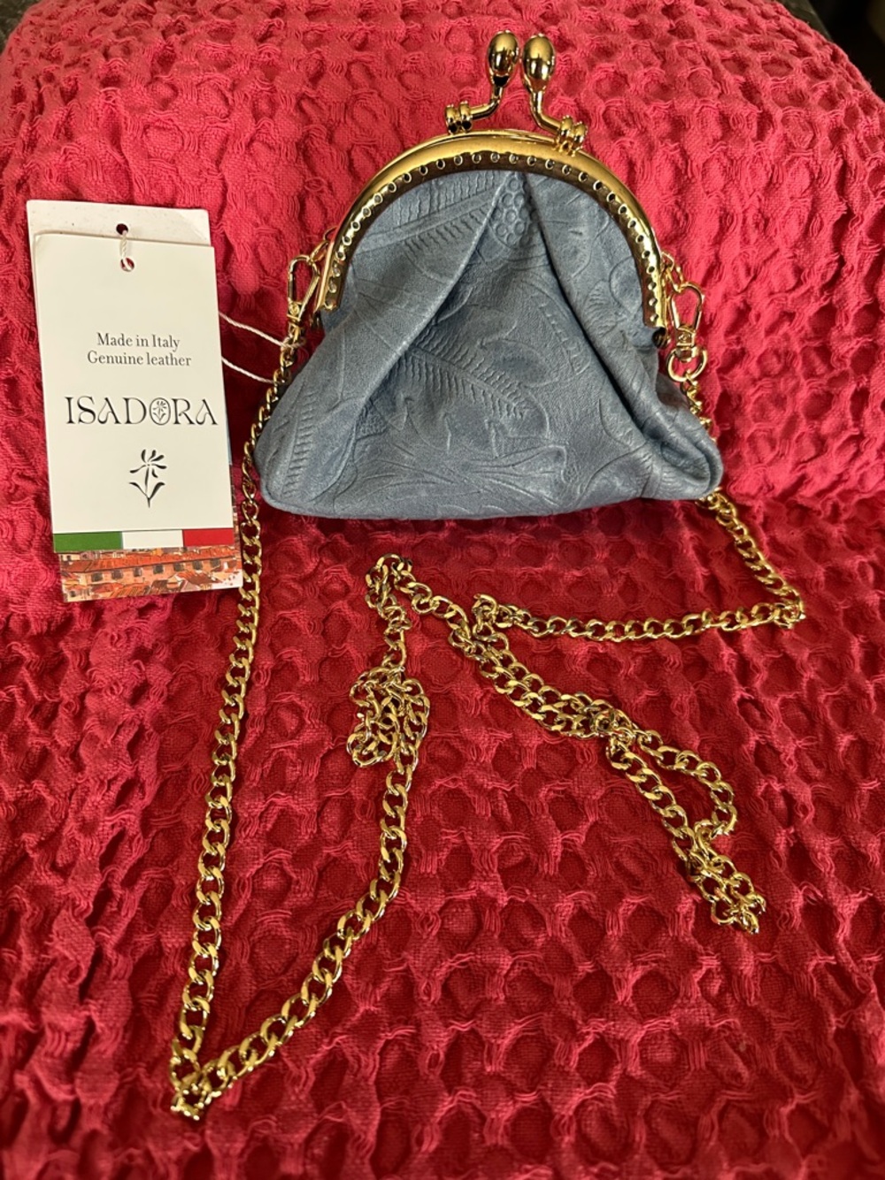 ISADORA Blue Leather Kiss-Lock Crossbody Bag with Gold Chain